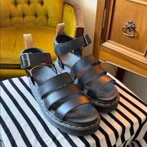 Dr. Martens Black Leather Platform Sandals with Yellow Stitching